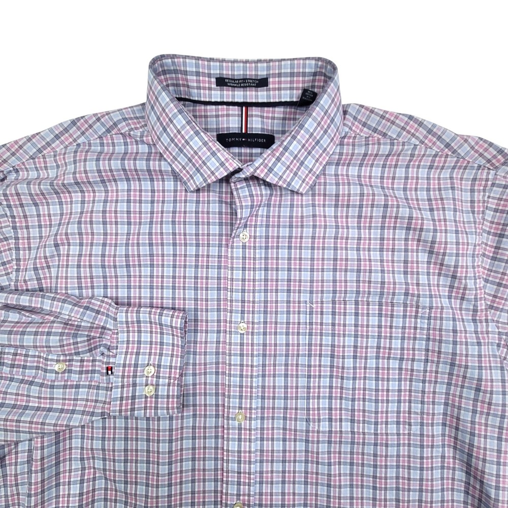 Tommy Hilfiger Mens‎ XL Regular Fit Stretch Wrinkle Resistant Plaid Dress Shirt